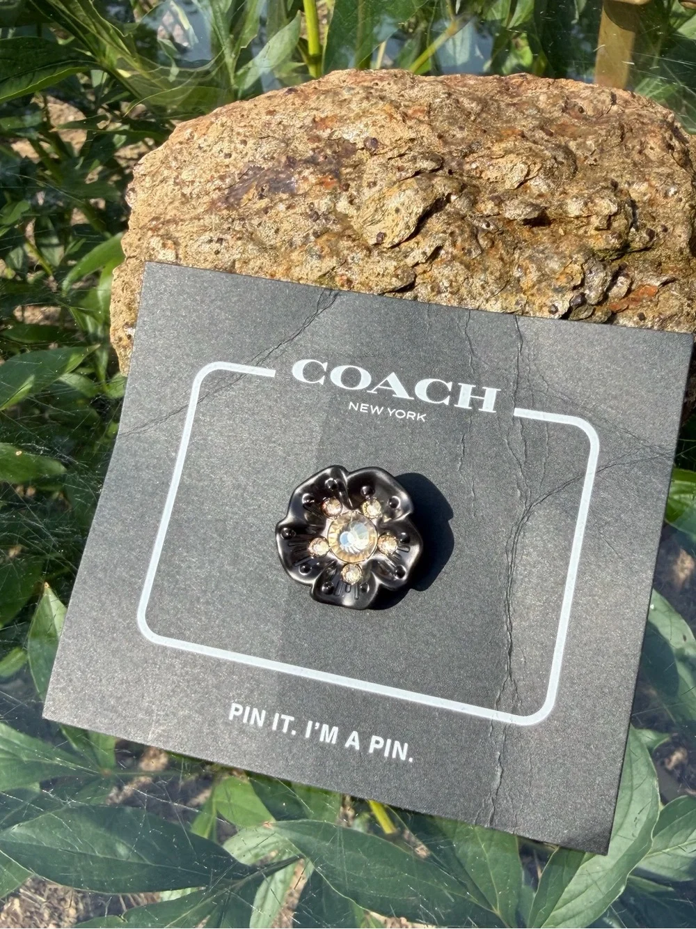 NWT Coach Tea Rose Black Crystal Flower Pin Brooch 31193G
